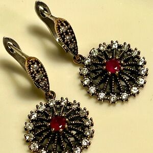 Vintage Ruby and Cz dangling Earrings, Handmade Turkish design Sterling silver